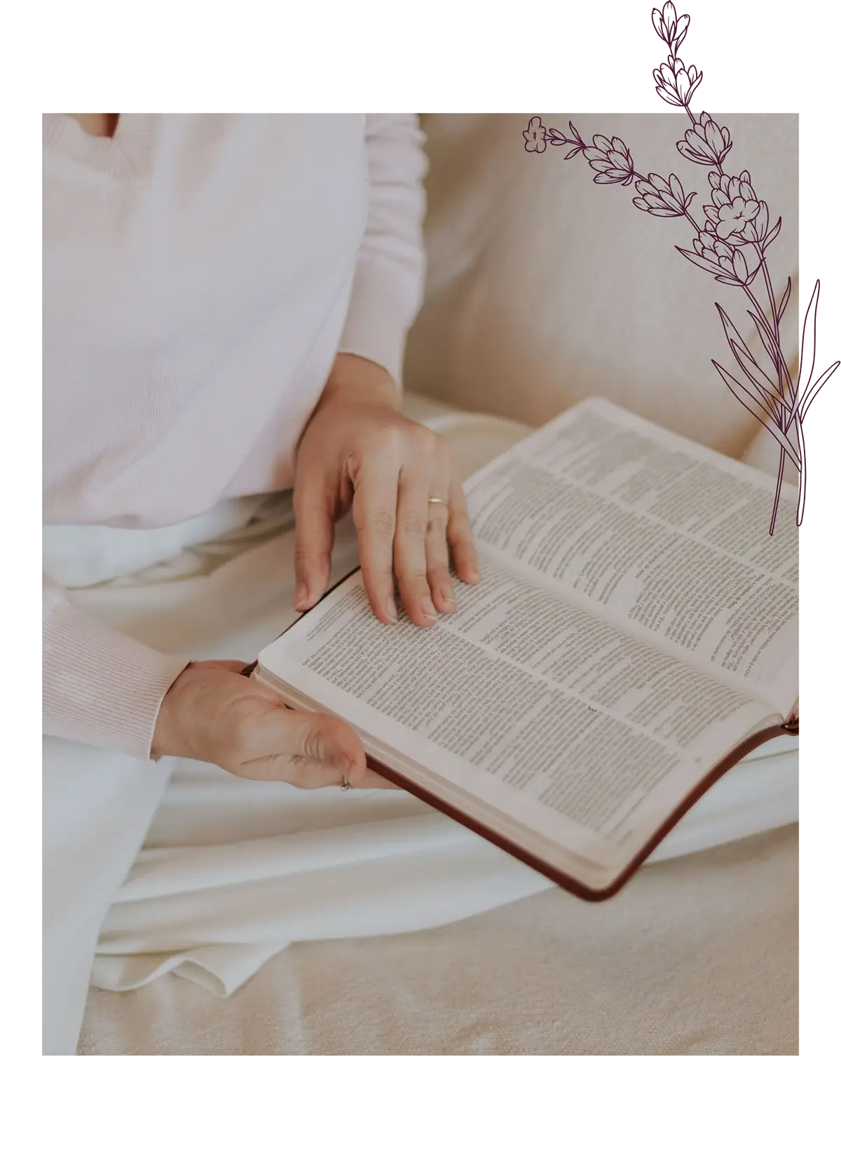 Woman reading bible with flower detail